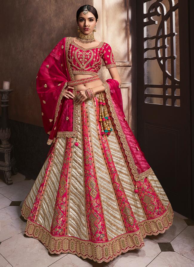 Banarasi Silk Pink Off White Bridal Wear Embroidery Work Lehenga Choli